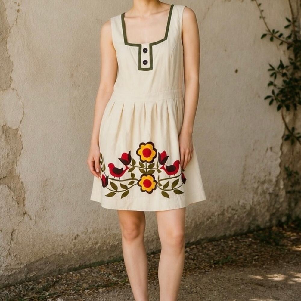 Knitted Dove Anthropologie Retro Rockabilly Floral Bird Dress Women's Medium